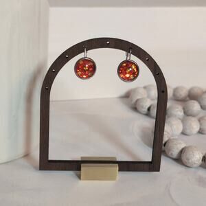 Vintage 1970s Silver-Tone Red & Gold Glittery Resin Cabochon Drop Earrings